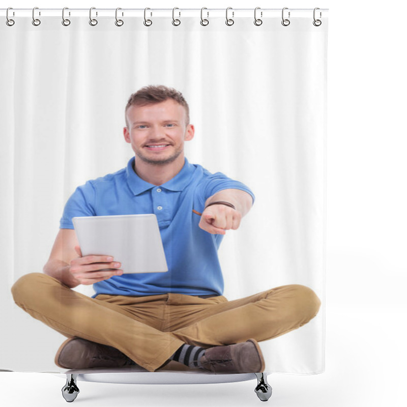 Personality  Seated Young Man Holds A Tablet And Points Shower Curtains