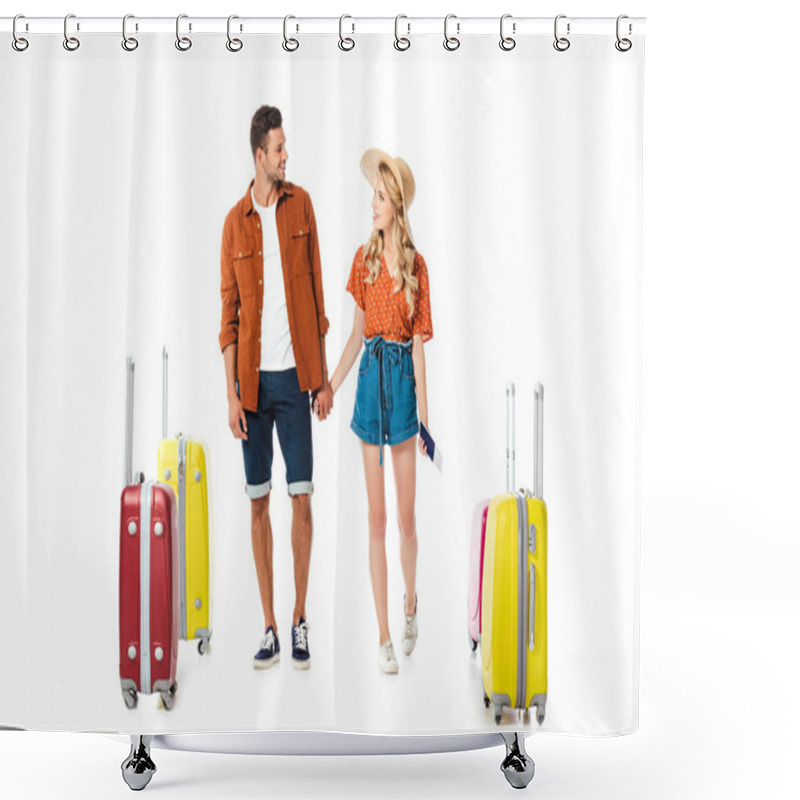 Personality  Newlywed Couple Holding Hands And Looking At Each Other With Suitcases Around Isolated On White Shower Curtains