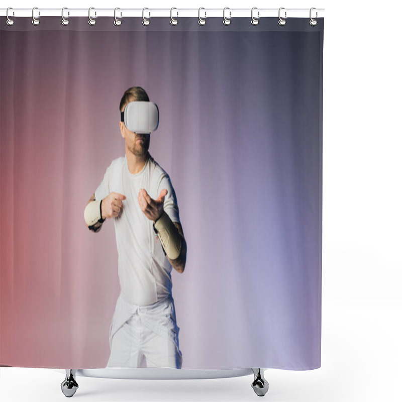 Personality  A Man In White Shirt And White Shorts Confidently Posing As He Holding Something In Virtual World Shower Curtains