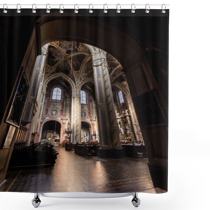 Personality  LVIV, UKRAINE - OCTOBER 23, 2019: Gothic Interior Of Lviv Latin Cathedral With Wooden Benches Shower Curtains