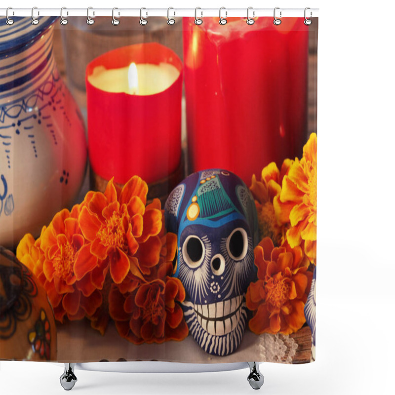 Personality  Spanish Mexican Traditional Autumn Festival Day Of The Dead Typical Mexican Skull With Flowers Painted On Green Background , Decorations And Marigold Flowers And Candle With Offerings Concept Copy Space Shower Curtains