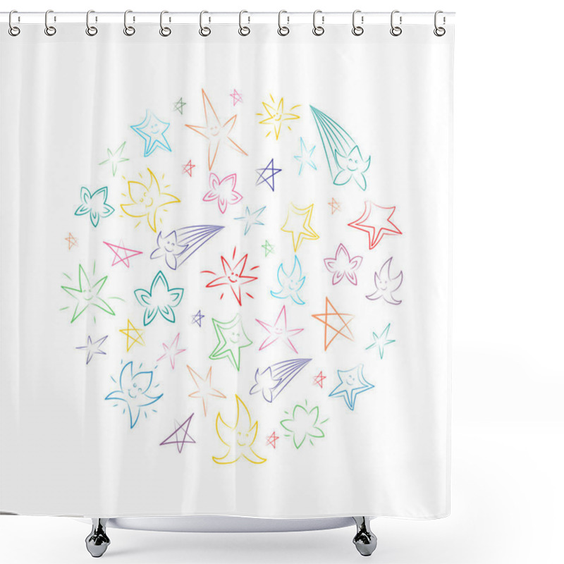 Personality  Colorful Hand Drawn Stars Arranged In A Circle. Children Drawings Of Doodle Stars. Sketch Style Shower Curtains