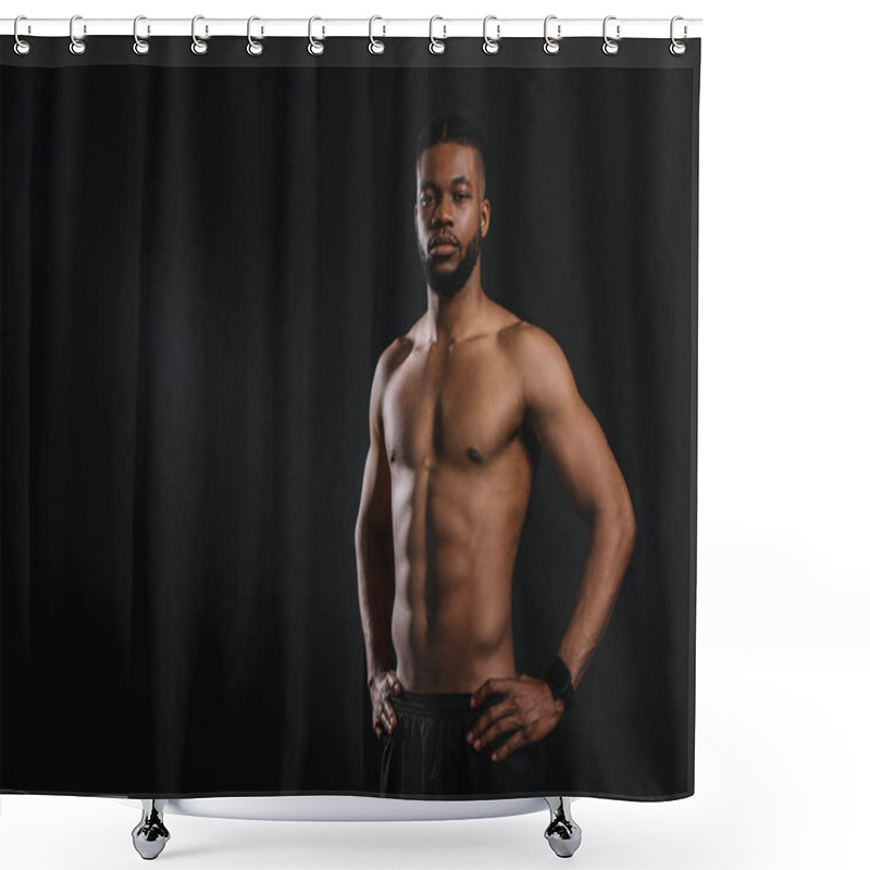 Personality  Muscular Shirtless African American Man Standing With Hands On Waist And Looking At Camera Isolated On Black Shower Curtains