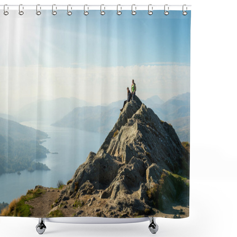 Personality  Two Female Hikers On Top Of The Mountain Enjoying Valley View, Ben A'an, Loch Katrine, Highlands, Scotland, UK Shower Curtains