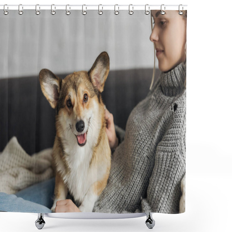 Personality  Smiling Young Woman Relaxing On Couch With Her Corgi Dog Shower Curtains