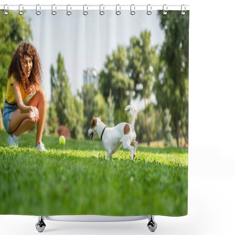 Personality  Selective Focus Of Young Woman Woman Playing And Looking At Dog Shower Curtains