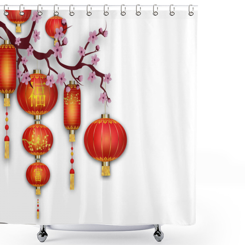 Personality  Chinese Red Lanterns With Blossoms Flowers Isolated On White Background. Chinese New Year. Asian Decoration Elements. Chinese Spring Festival. Vector Shower Curtains