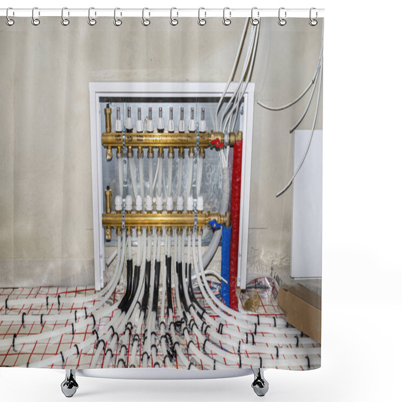 Personality  New Manifold Of Underfloor Heating System, Plastic Pipes And Valves Visible, Serving Nine Circuits. Shower Curtains