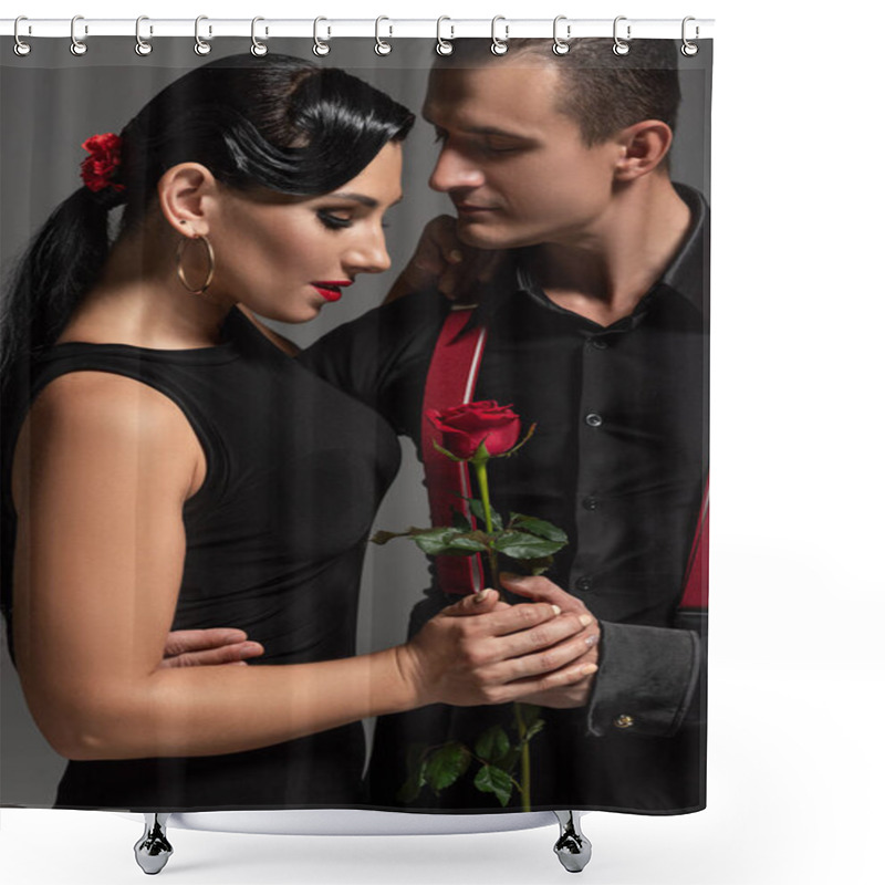 Personality  Handsome Tango Dancer Gifting Red Rose To Attractive Partner Isolated On Grey Shower Curtains