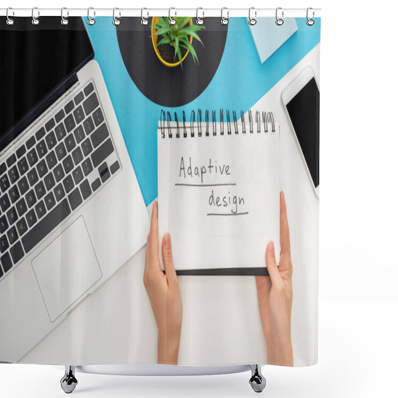 Personality  Cropped View Of Woman Holding Notebook With Adaptive Design Lettering Near Laptop, Smartphone, Plant On Abstract Geometric Background Shower Curtains