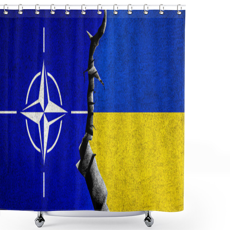 Personality  Dhaka, Bangladesh- 26 Sep 2024: Ukraine And NATO Flag Together On Wall. Relations Between NATO And Ukraine. Shower Curtains