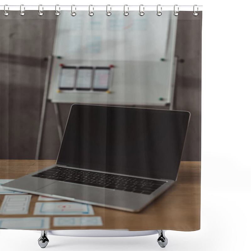 Personality  Selective Focus Of Laptop With Blank Screen And Of User Experience Design Sketches On Table Shower Curtains