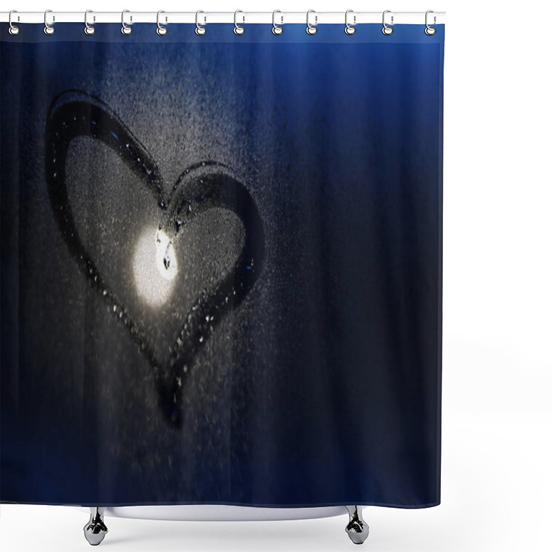 Personality  Glass With Heart Drawn In Condensation Against Dark Background. Space For Text Shower Curtains