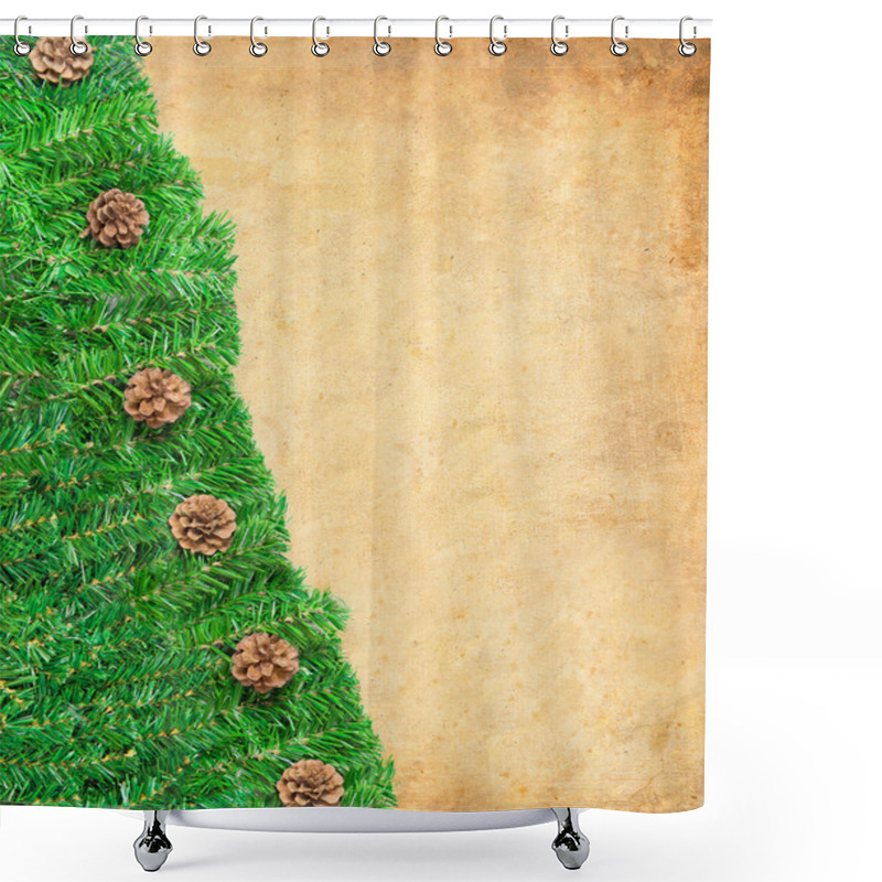 Personality  Christmas Green Framework With Pine Needles And Cones On Paper Shower Curtains