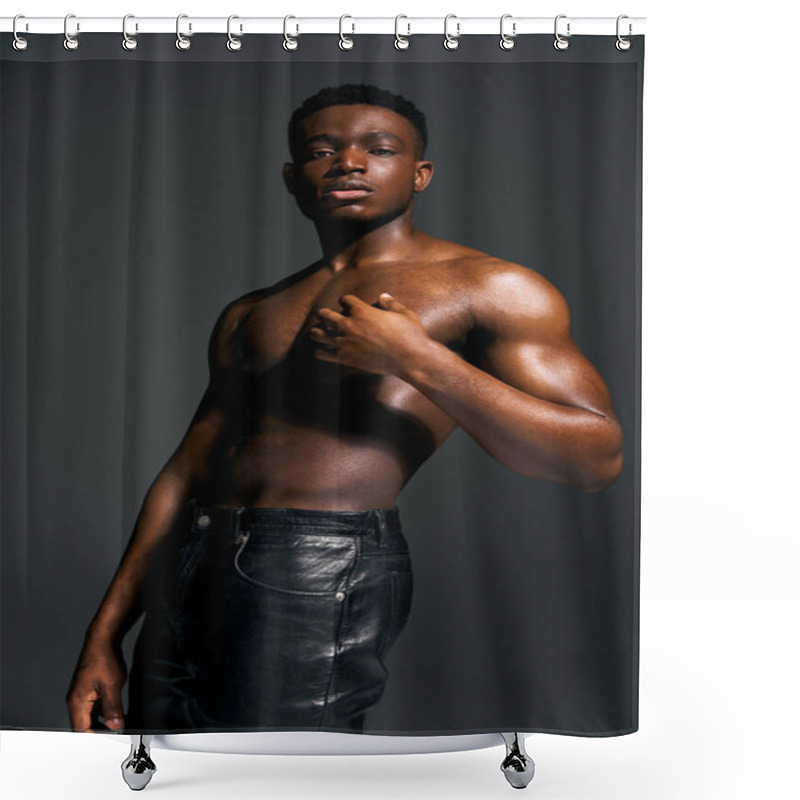 Personality  A Young Handsome African American Man Poses Topless, Showcasing His Well Defined Physique In A Captivating Black And White Studio. His Strong Stance Reflects Confidence And Charisma. Shower Curtains