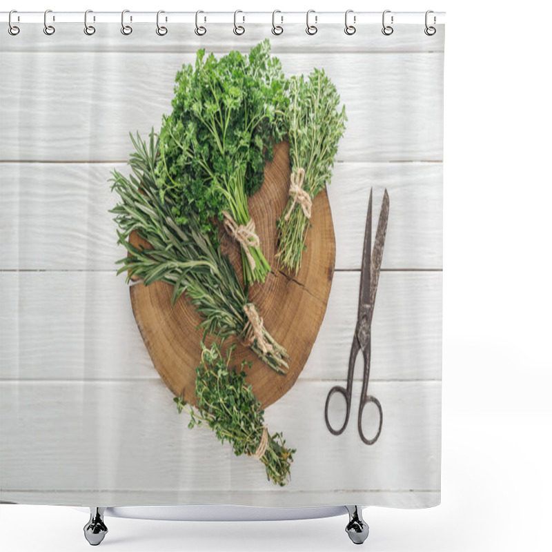 Personality  Top View Of Green Parsley, Rosemary And Thyme On Brown Stump Near Retro Scissors On White Wooden Table Shower Curtains