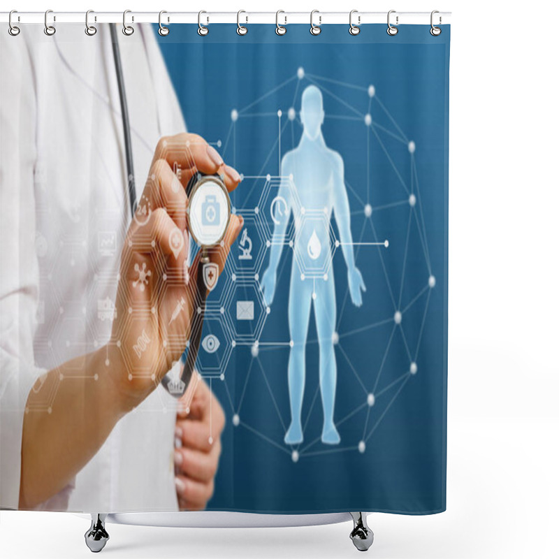 Personality  Doctor Working With Healthcare Icons . Shower Curtains