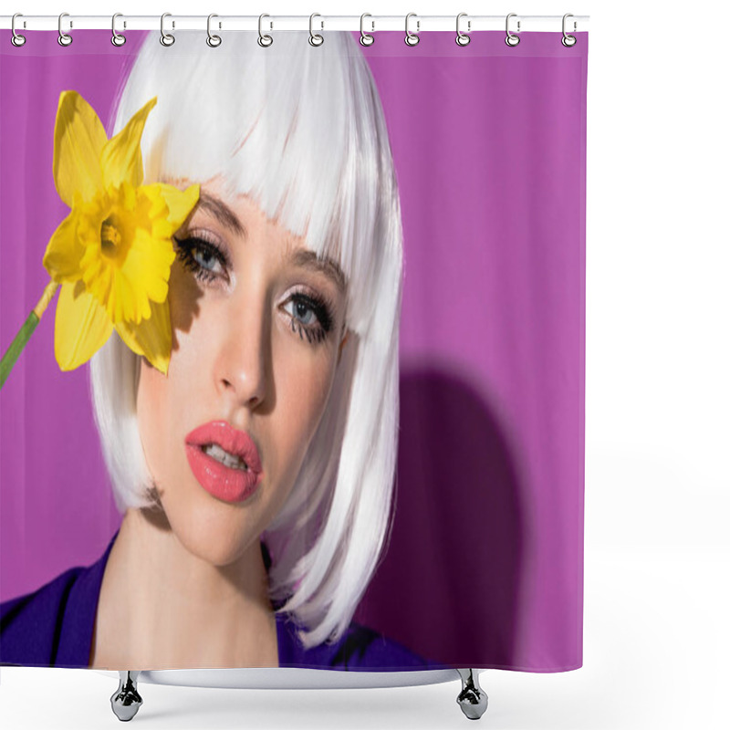 Personality  Sensual Young Woman In White Wig With Flower On Purple Background Shower Curtains