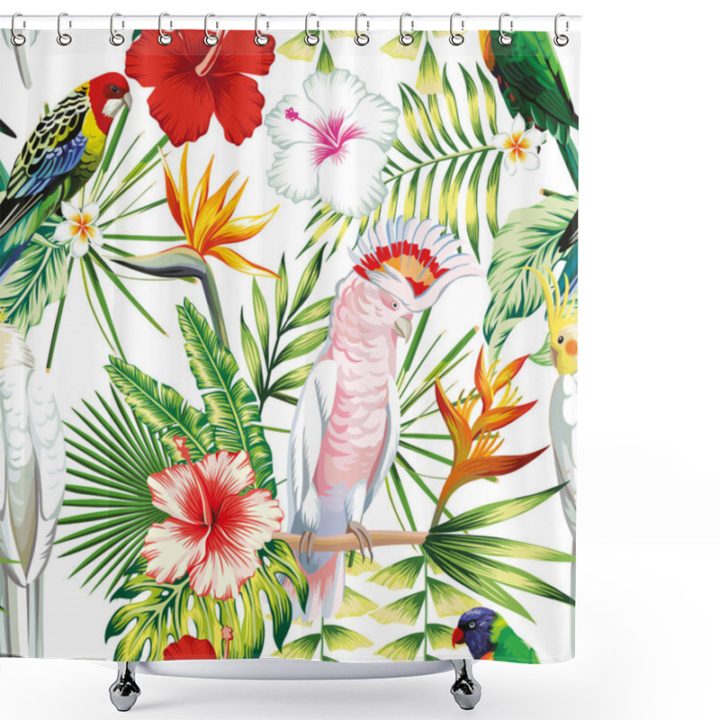 Personality  Parrot Tropical Flowers And Leaves Seamless Pattern White Backgr Shower Curtains