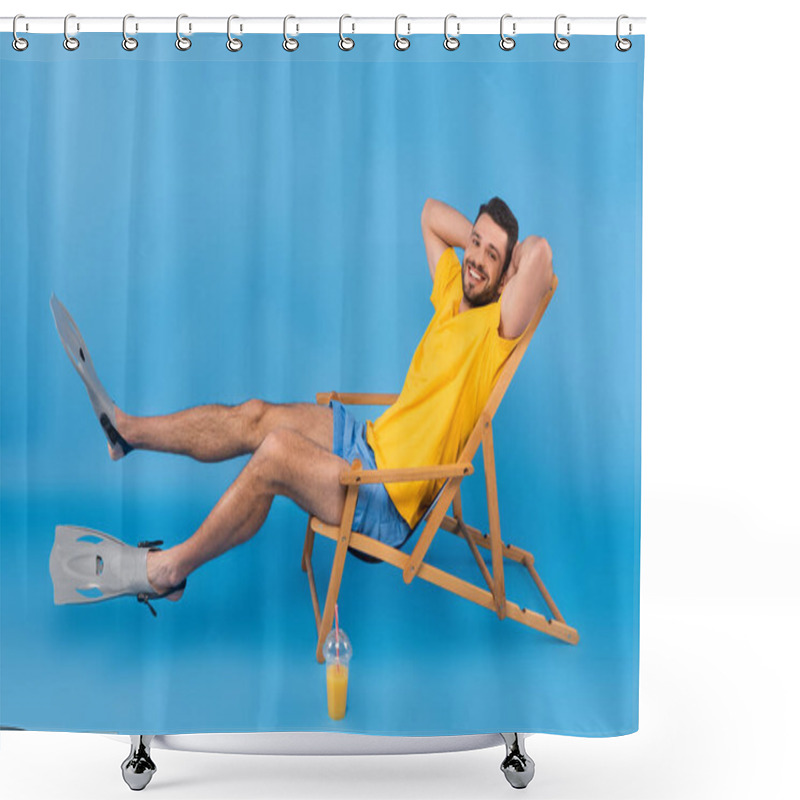 Personality  Positive Man In Swimming Flippers Sitting On Deck Chair Near Orange Juice On Blue Background  Shower Curtains