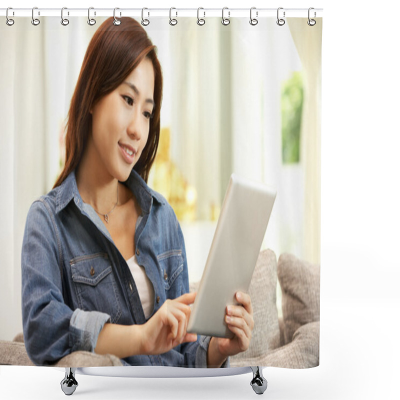 Personality  Young Chinese Woman Using Digital Tablet Whilst Relaxing On Sofa Shower Curtains