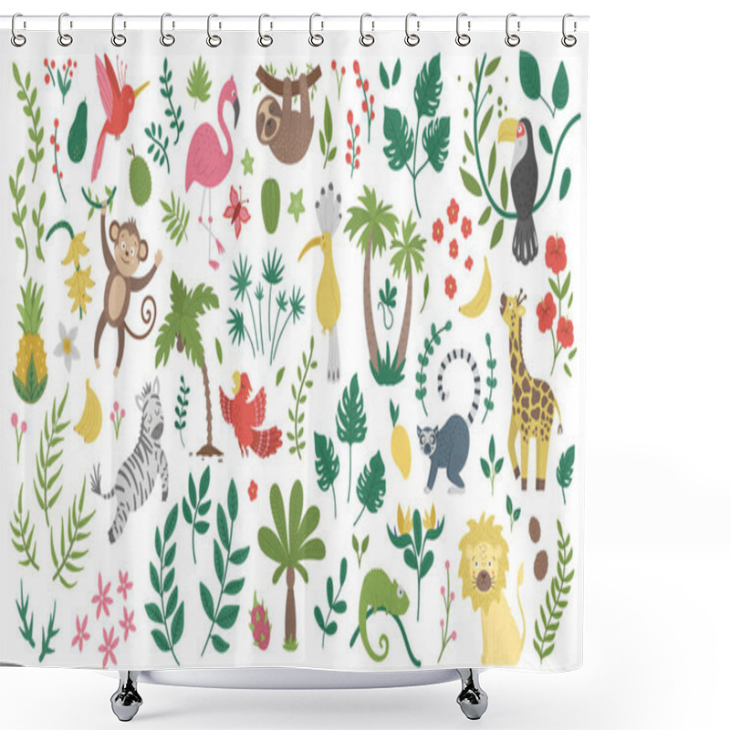 Personality  Vector Set With Cute Exotic Animals, Leaves, Flowers, Fruits Isolated On White Background. Funny Tropical Birds And Plants Illustration. Bright Flat Picture For Children. Jungle Summer Clip Ar Shower Curtains