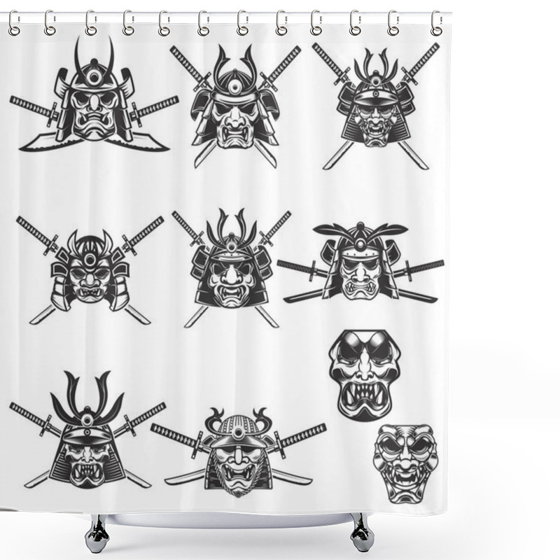 Personality  Set Of Samurai Masks And Helmets With Swords On White Background Shower Curtains