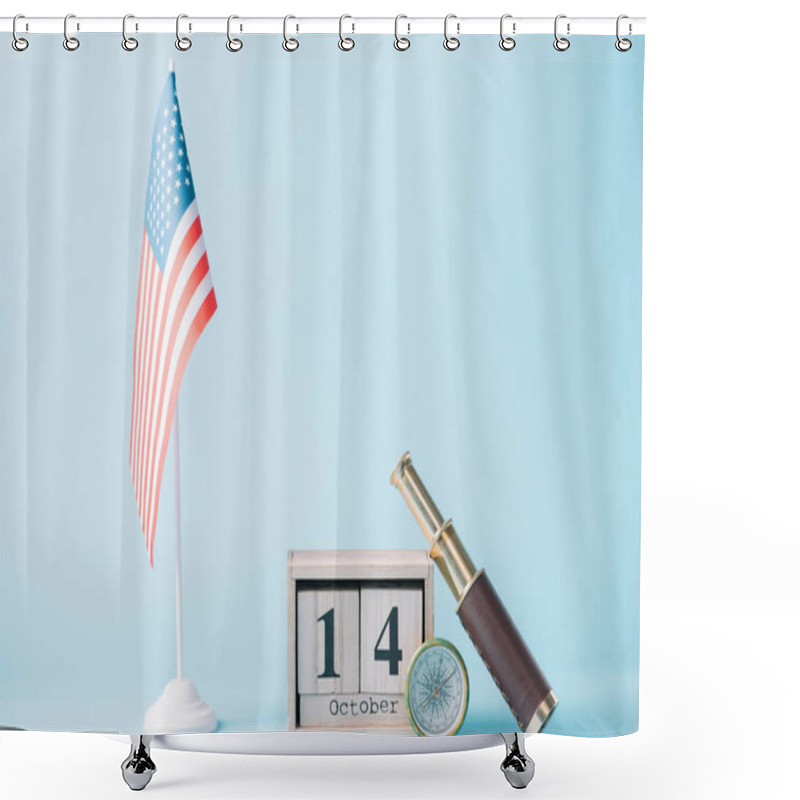 Personality  Wooden Calendar With October 14 Date Near  American Flag, Compass And Telescope On Blue Background  Shower Curtains