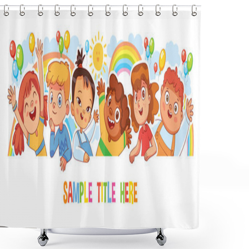 Personality  Happy Children Holding Poster. Funny Cartoon Character. Isolated On White Background Shower Curtains