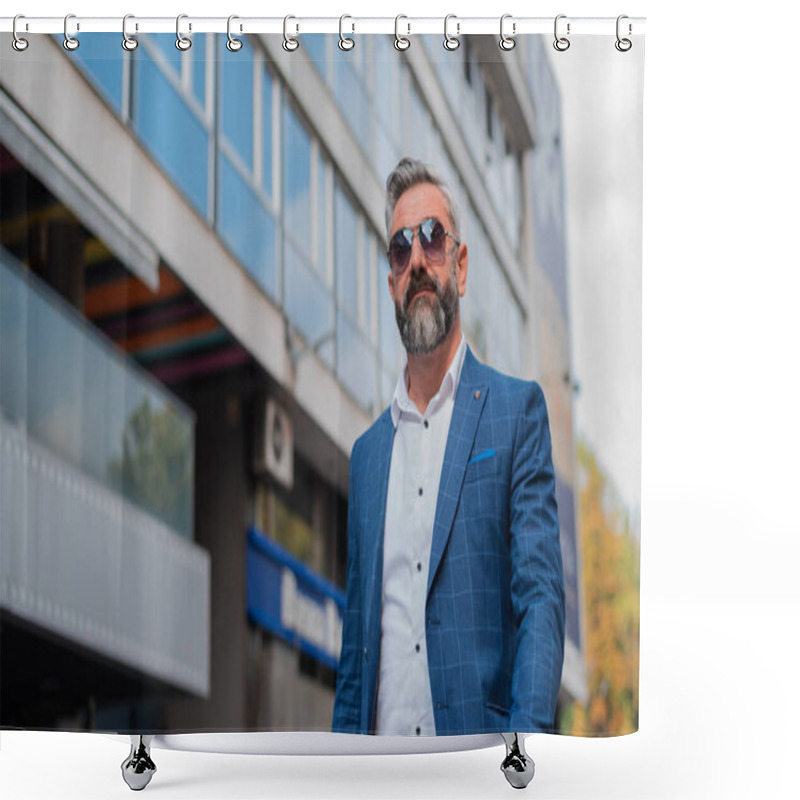 Personality  A Handsome Stylish Business Mature Man Wearing Sunglasses Suit And A White Shirt While Walking In The City Street Near The Urban Building. H Shower Curtains