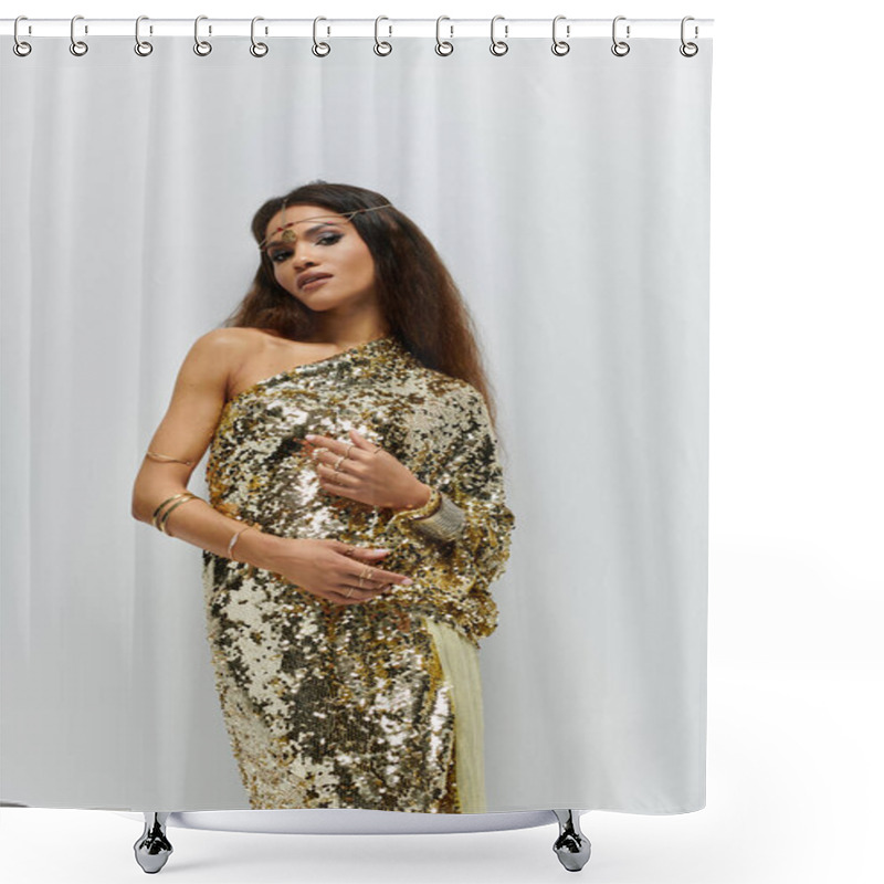 Personality  An Inspiring African American Woman Radiates Confidence In A Dazzling Golden Dress Inside A Stylish Studio. Shower Curtains