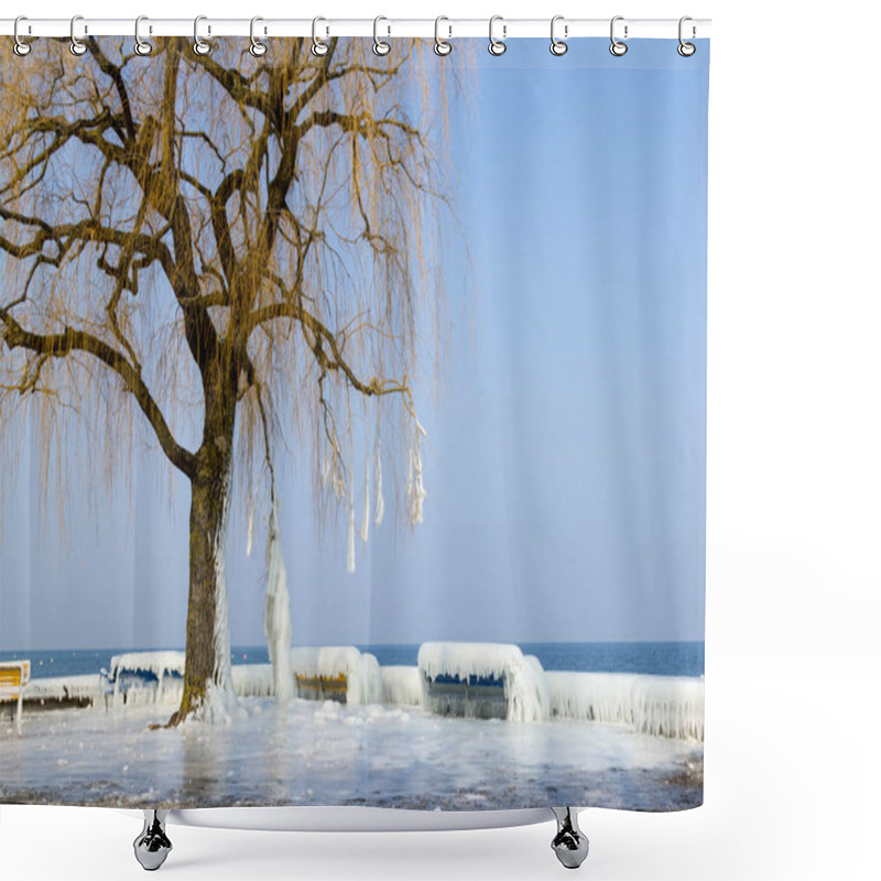 Personality  Frozen Lake Side With Benches And Tree Branchen Covered With Ice Shower Curtains