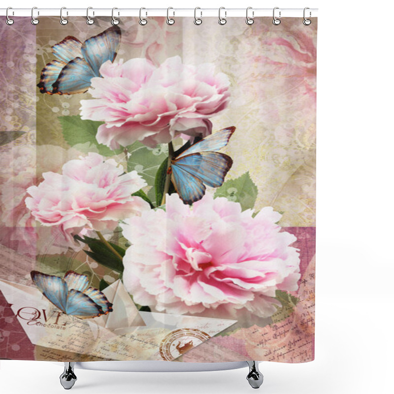 Personality  Postcard Flower. Congratulations Card With Peonies, Butterflies And Paper Boat. Beautiful Spring Pink Flower. Can Be Used As Greeting Card, Invitation For Wedding, Birthday And Other Holiday Happening Shower Curtains