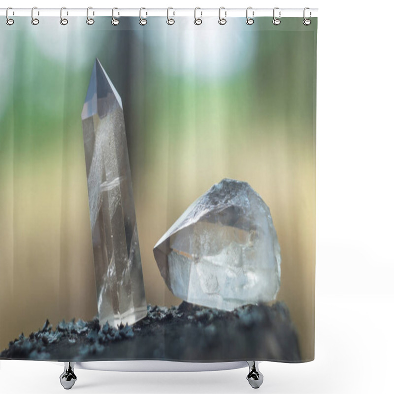 Personality  Large Clear Pure Transparent Great Royal Crystals Of Quartz Chalcedony Diamond Brilliant On Nature Blurred Bokeh Background Close Up. Shower Curtains