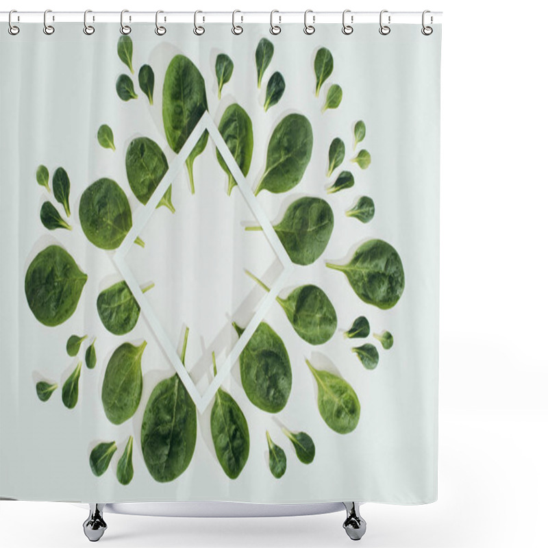 Personality  Top View Of Beautiful Fresh Green Spinach Leaves And White Rhombus Frame With Copy Space On Grey Shower Curtains