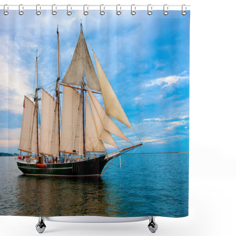 Personality  Old Style Sail Boat Near Harbor Shower Curtains