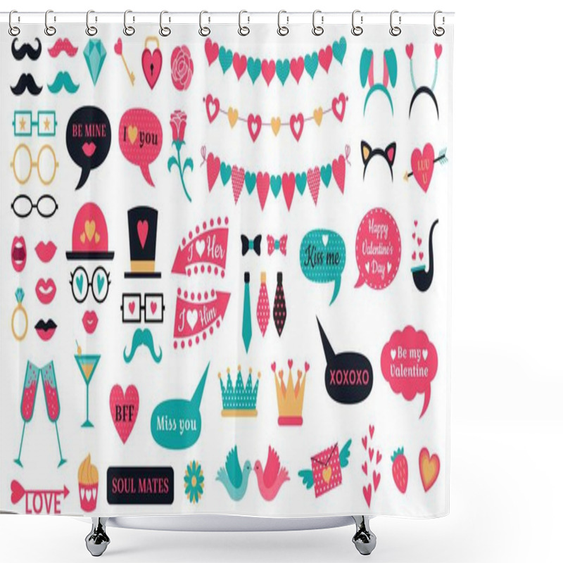 Personality  Photo Booth Props Valentine Day. Love Hearts Prop, Kiss Lips And Heart Shapes Bunting Vector Set Shower Curtains