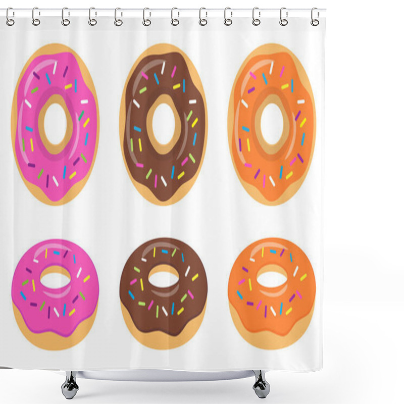 Personality  Colorful Pink, Chocolate, Orange Glazed Donut Set On White Background. The View From The Top And From The Side. Shower Curtains