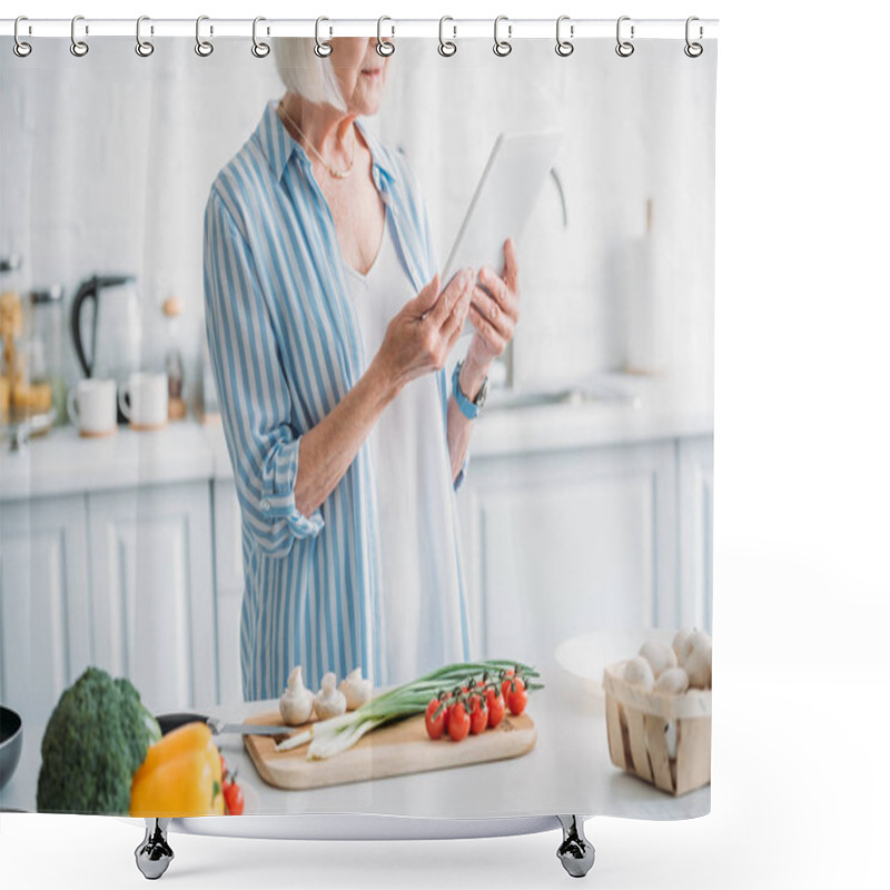 Personality  Partial View Of Senior Woman With Digital Tablet Standing At Counter With Fresh Vegetables In Kitchen Shower Curtains