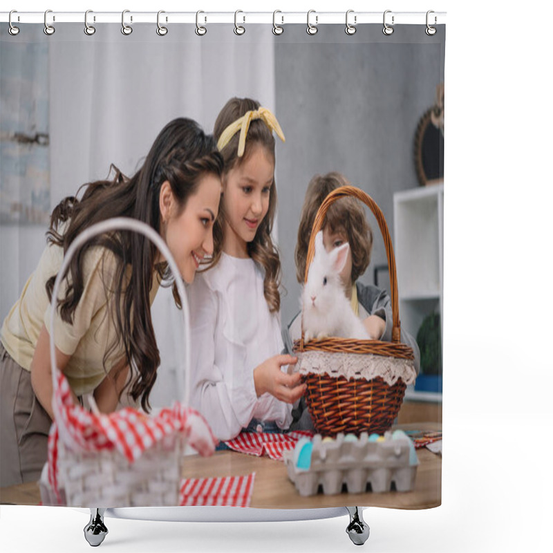 Personality  Kids And Mother Playing With Easter Rabbit At Home On Table Shower Curtains