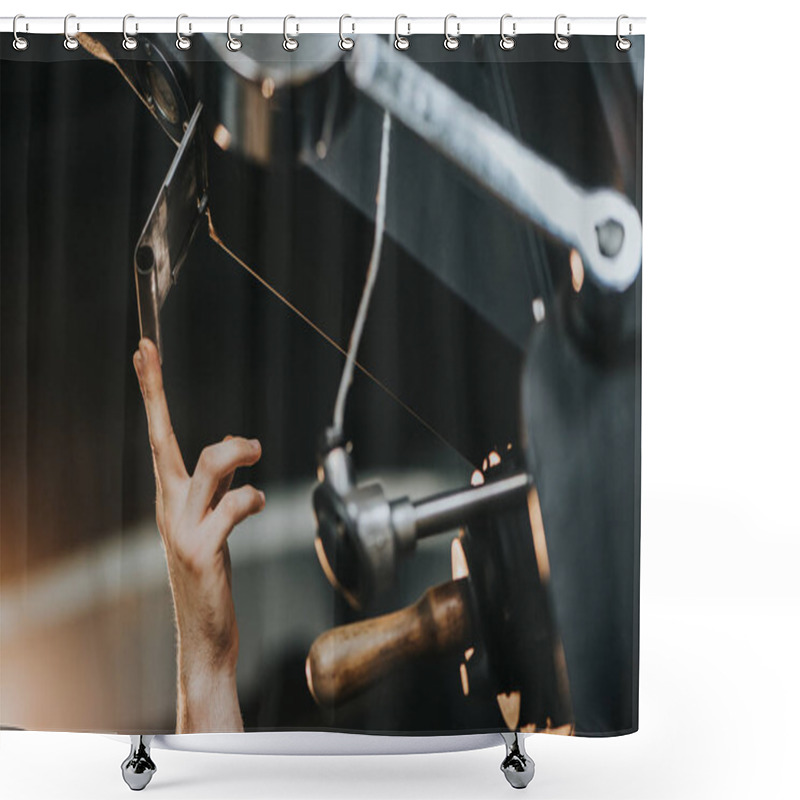 Personality  Male Hand Sets Up Machine For Professional Coffee Production Shower Curtains