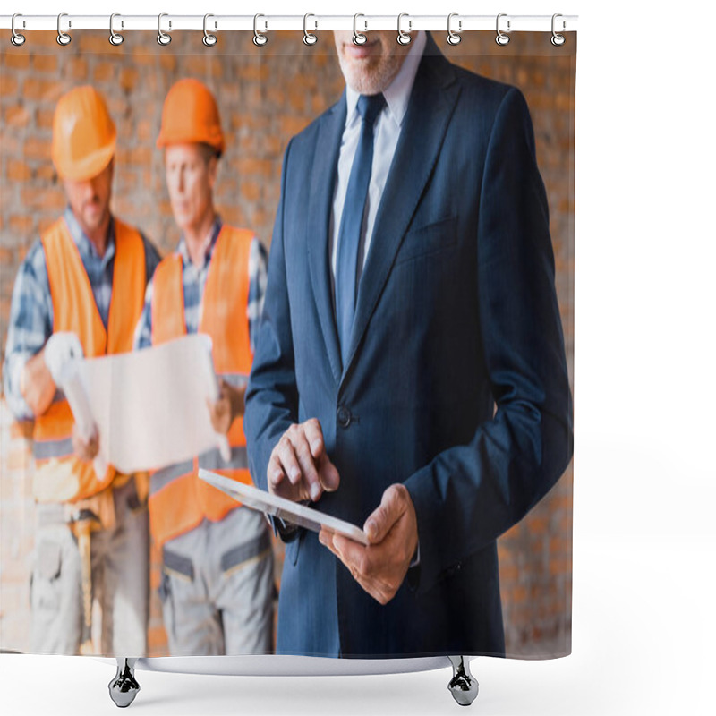 Personality  Cropped View Of Businessman Holding Digital Tablet Near Constructors  Shower Curtains