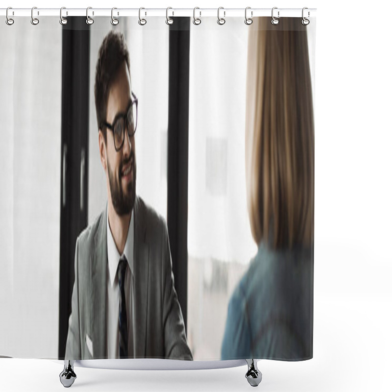 Personality  Positive Businessman In Formal Wear Looking At Blurred Woman During Job Interview In Office, Banner  Shower Curtains