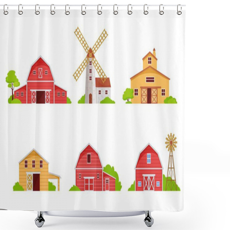 Personality  Farm Houses And Barns Set. Red Wooden Buildings For Housing Grain Storage Rustic Architecture Farming Mill And Windmills For Grinding Crops Generating Electricity. Natural Cartoon Vector. Shower Curtains