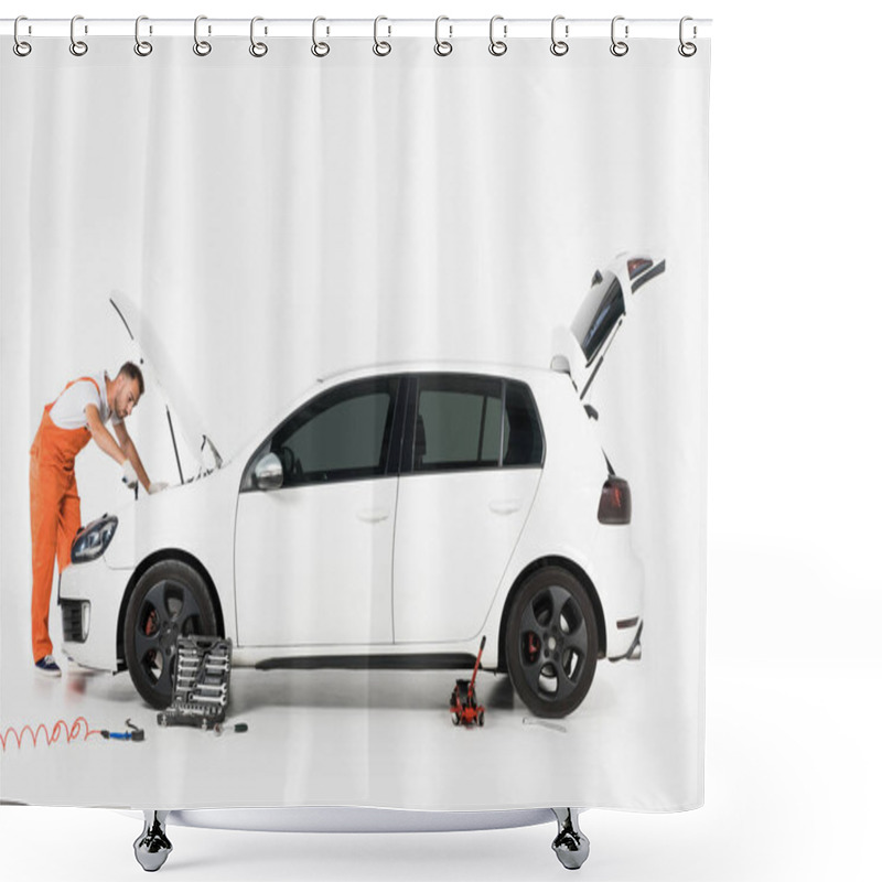 Personality  Handsome Auto Mechanic Repairing Broken Car On White Shower Curtains