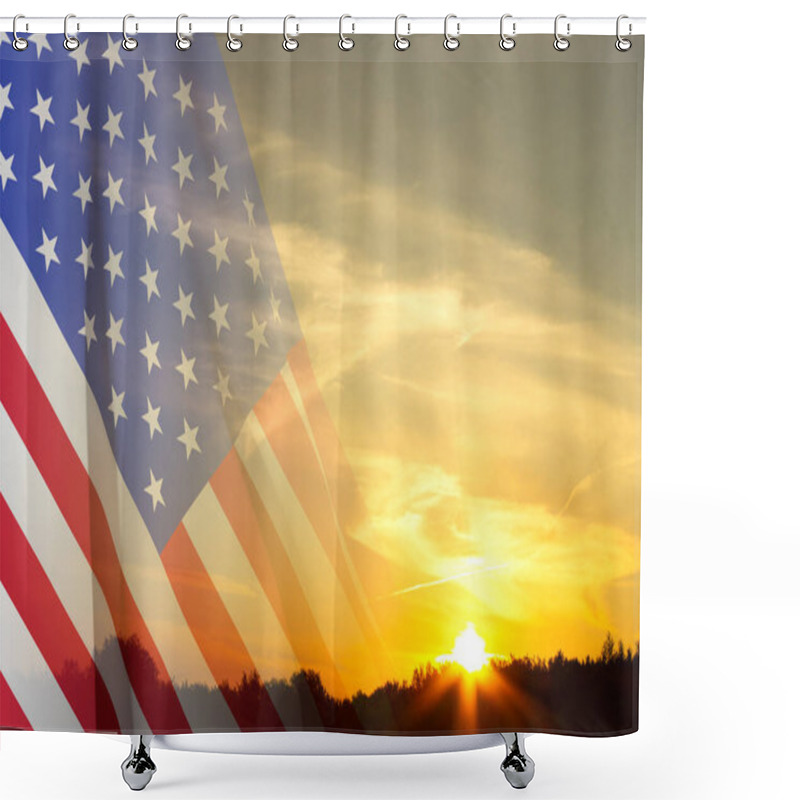 Personality  Flag Of United States Against The Sunset. Background For Independence Day Or National Holidays Shower Curtains