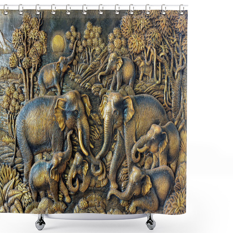 Personality  Elephant Statue On The Wall, Thai Art Shower Curtains