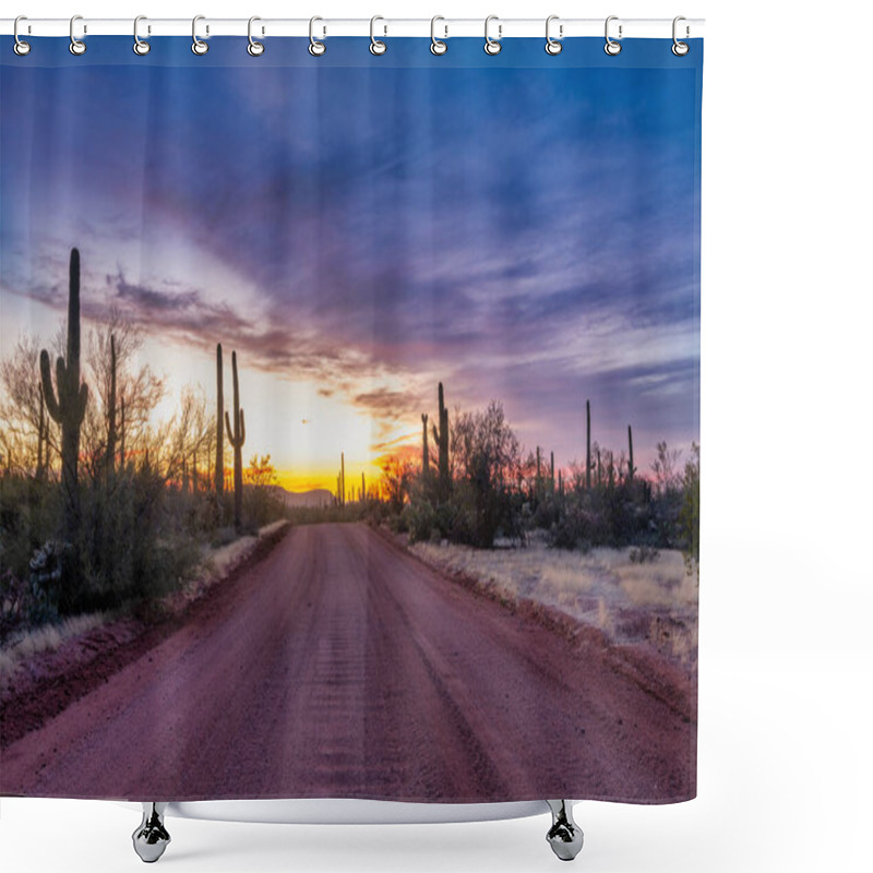 Personality  Dirt Road Leading Through Saguaro Cacti At Sunset In The Sonoran Desert In Arizona.  Shower Curtains