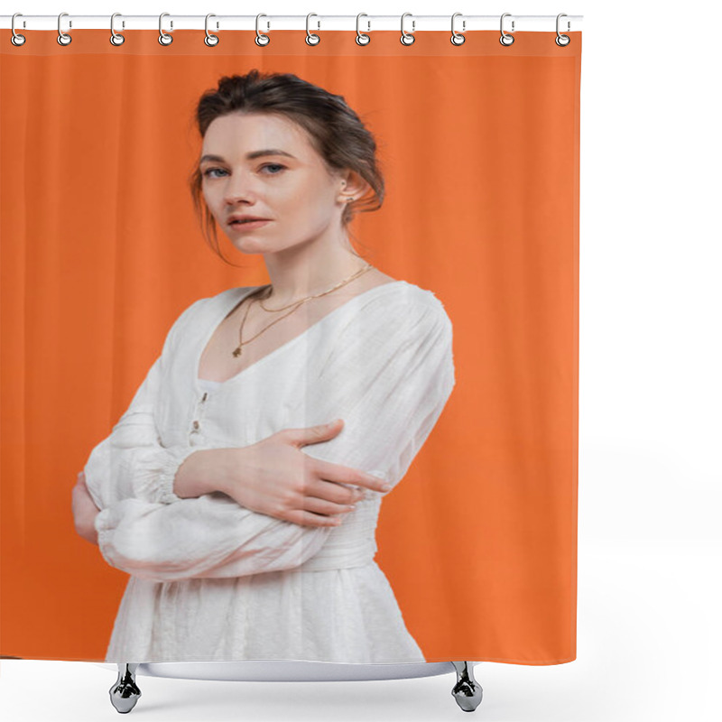 Personality  Summer Trends, Model In Sun Dress Looking At Camera And Standing With Folded Arms On Orange Background, Stylish Posing, Lady In White, Vibrant Background, Fashion, Young Woman  Shower Curtains