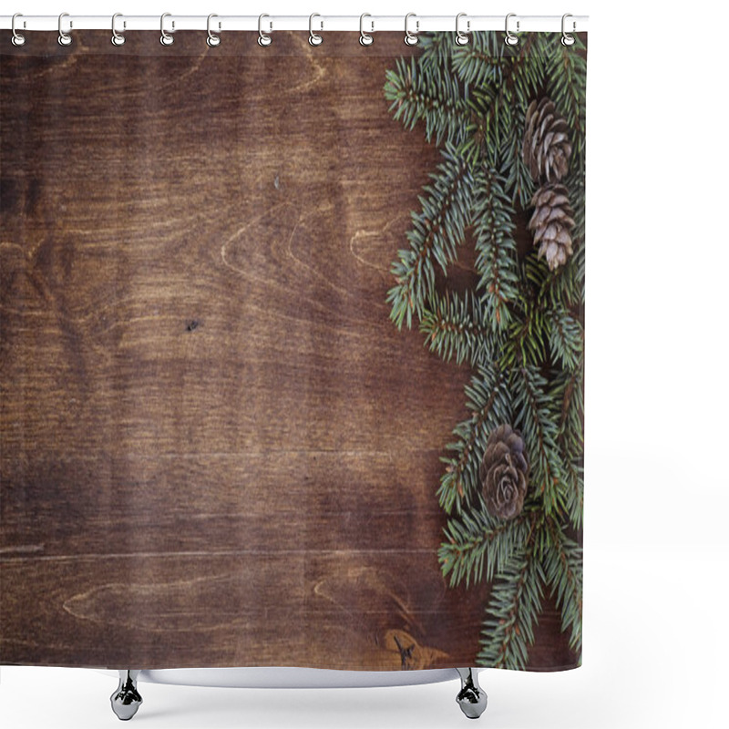 Personality  New Years Background. Spruce Branches On A Wooden Table. Orname Shower Curtains